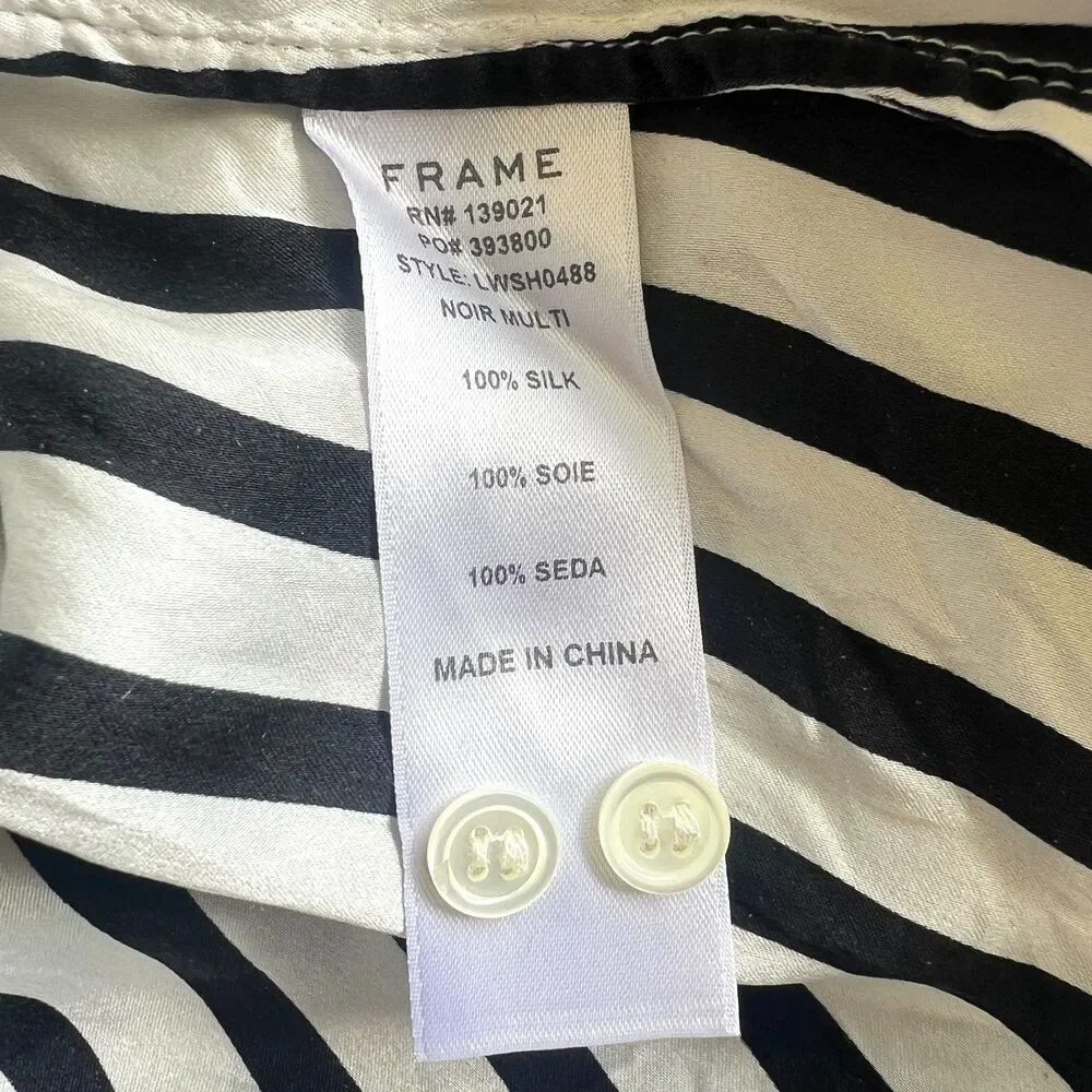 FRAME 100% Silk Blouse Medium Black & Cream Striped Button Up Classic Elegant - Picture 5 of 5